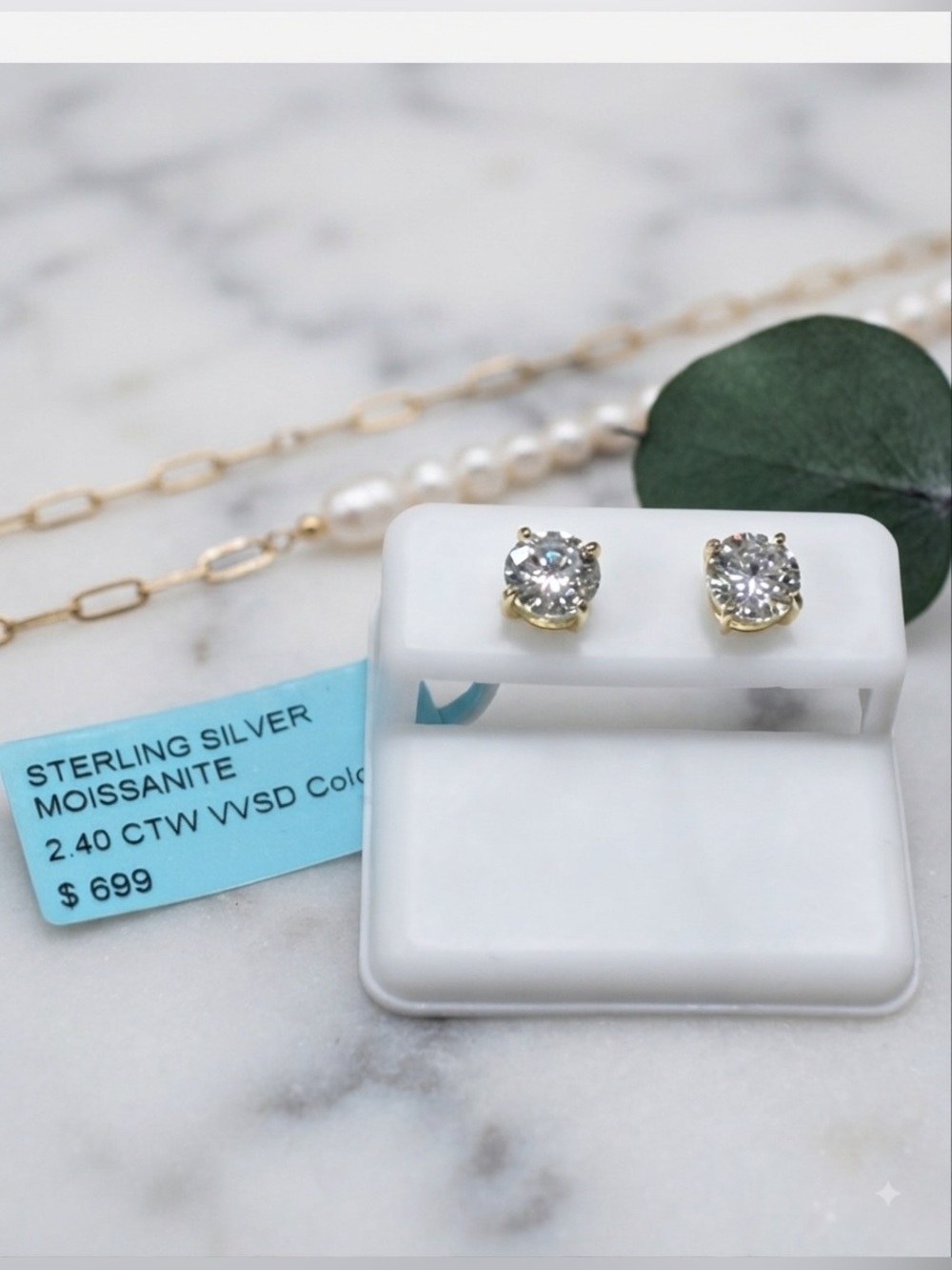NWT White Moissanite Sterling Silver Round Cut Studs in Gold-Tone 2.40 CTW